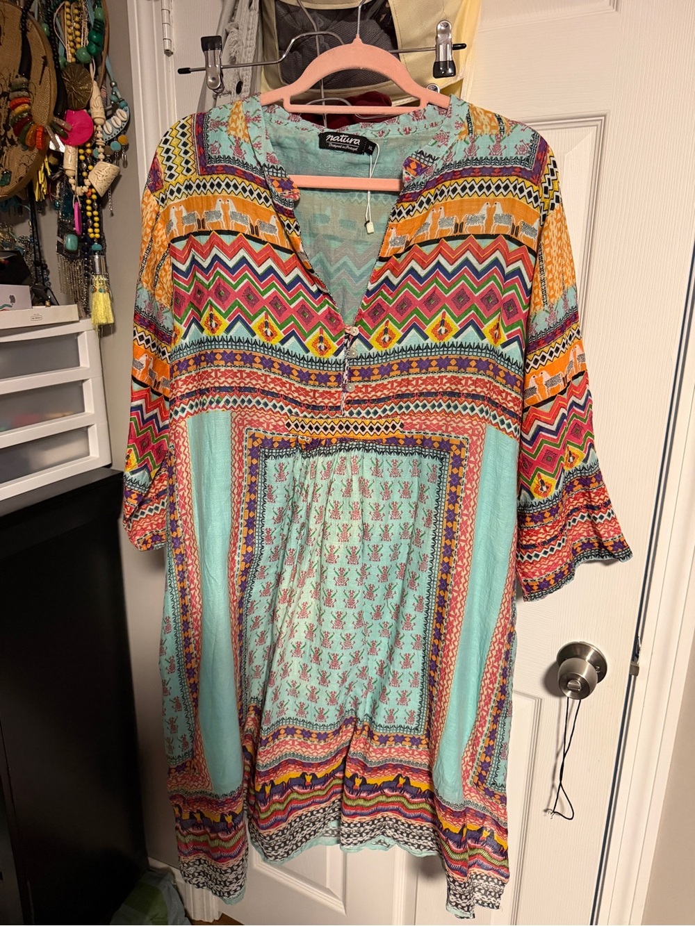 Peach Tree Boho Print Midi Dress - Aqua & Orange